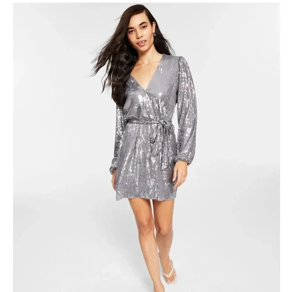 Sequined Gray Wrap Dress - Picture 1 of 4